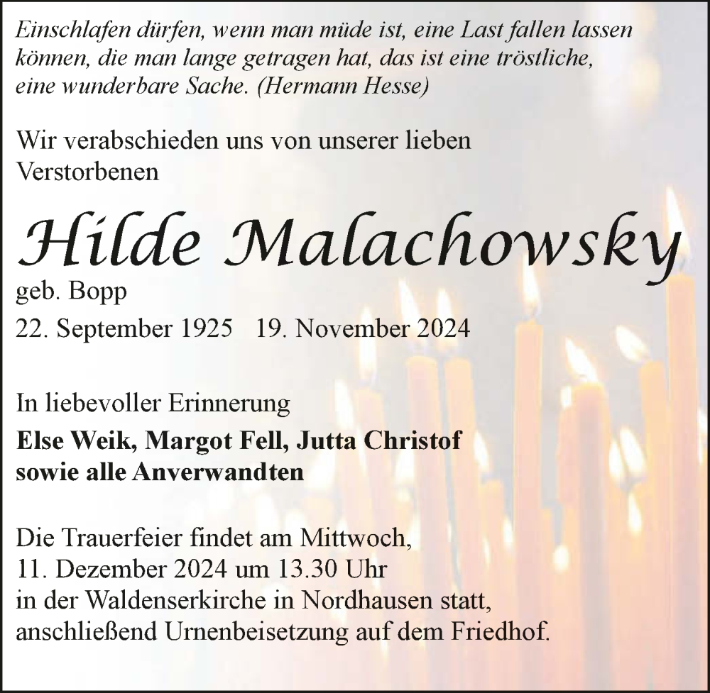  Traueranzeige für Hilde Malachowsky vom 07.12.2024 aus GESAMT