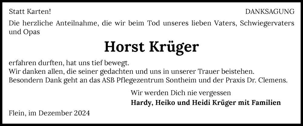  Traueranzeige für Horst Krüger vom 14.12.2024 aus GESAMT