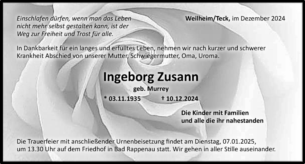  Traueranzeige für Ingeborg Zusann vom 28.12.2024 aus GESAMT