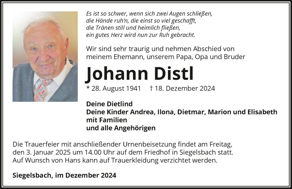  Traueranzeige für Johann Distl vom 28.12.2024 aus GESAMT