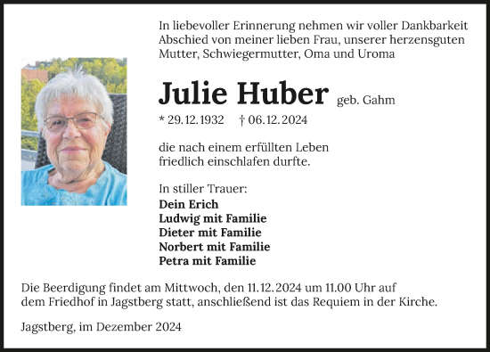 Traueranzeige von Julie Huber von GESAMT