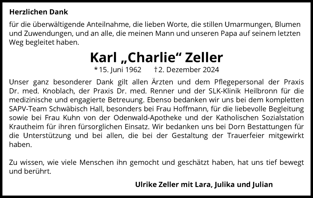  Traueranzeige für Karl Zeller vom 28.12.2024 aus GESAMT