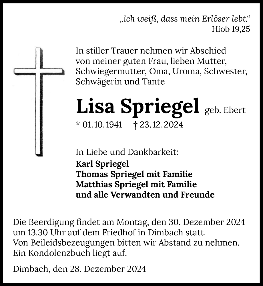  Traueranzeige für Lisa Spriegel vom 28.12.2024 aus GESAMT