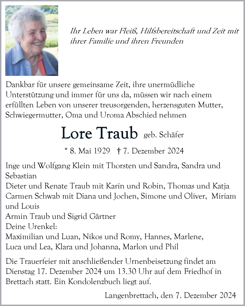  Traueranzeige für Lore Traub vom 13.12.2024 aus GESAMT