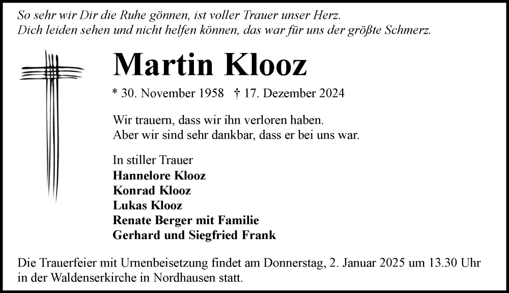  Traueranzeige für Martin Klooz vom 28.12.2024 aus GESAMT