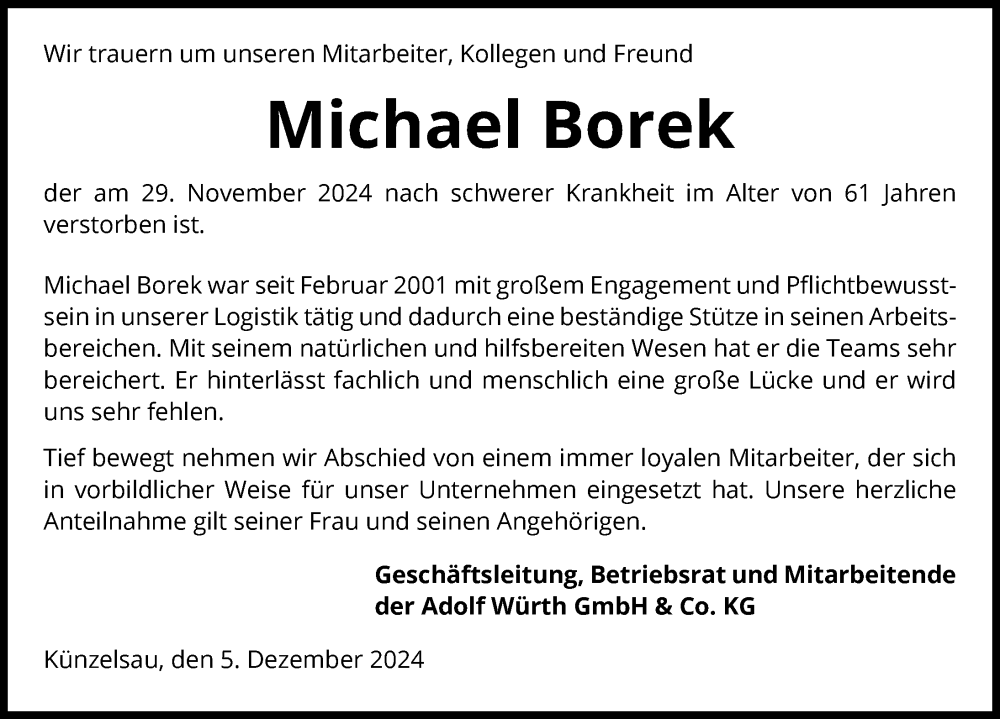  Traueranzeige für Michael Borek vom 05.12.2024 aus GESAMT