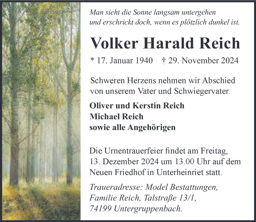  Traueranzeige für Volker Harald Reich vom 07.12.2024 aus GESAMT