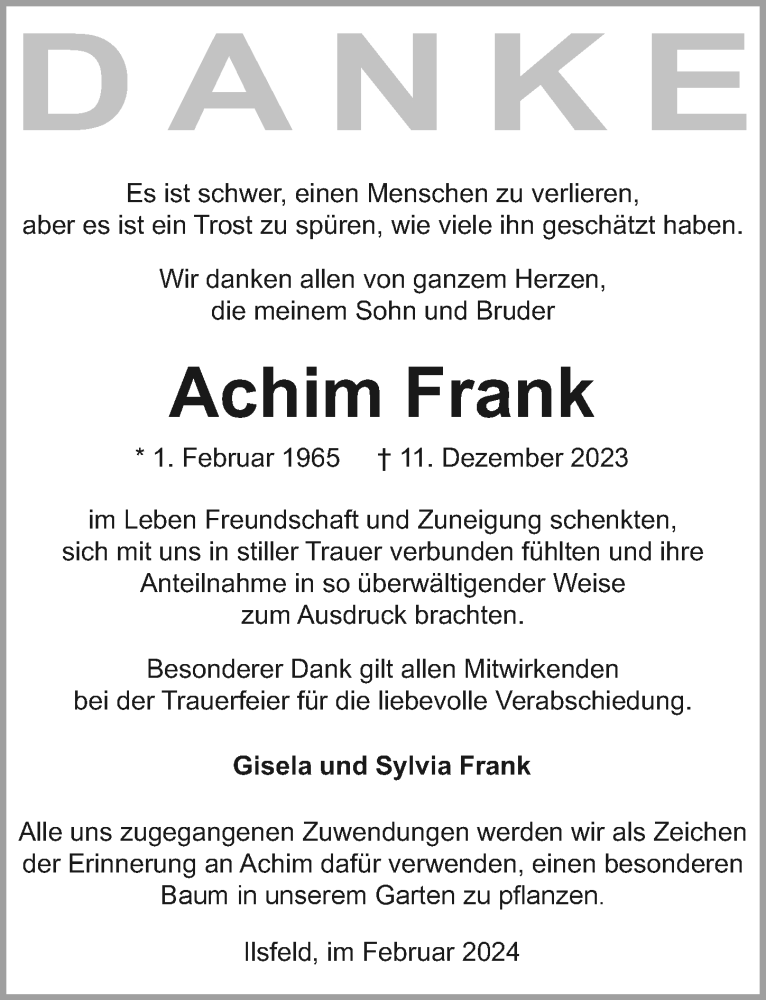  Traueranzeige für Achim Frank vom 03.02.2024 aus GESAMT