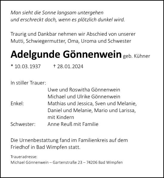 Traueranzeige von Adelgunde Gönnenwein von GESAMT