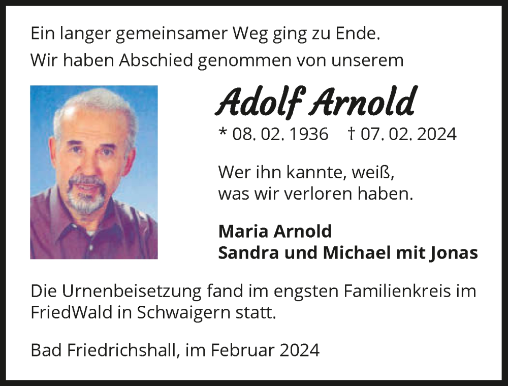  Traueranzeige für Adolf Arnold vom 24.02.2024 aus GESAMT