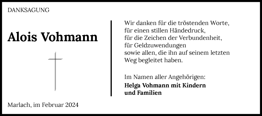  Traueranzeige für Alois Vohmann vom 28.02.2024 aus GESAMT