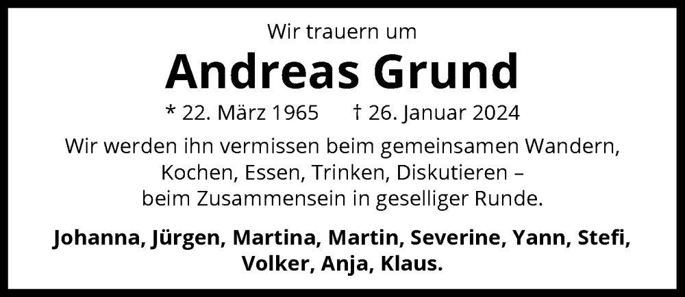  Traueranzeige für Andreas Grund vom 03.02.2024 aus GESAMT