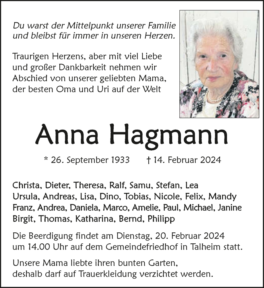  Traueranzeige für Anna Hagmann vom 17.02.2024 aus GESAMT