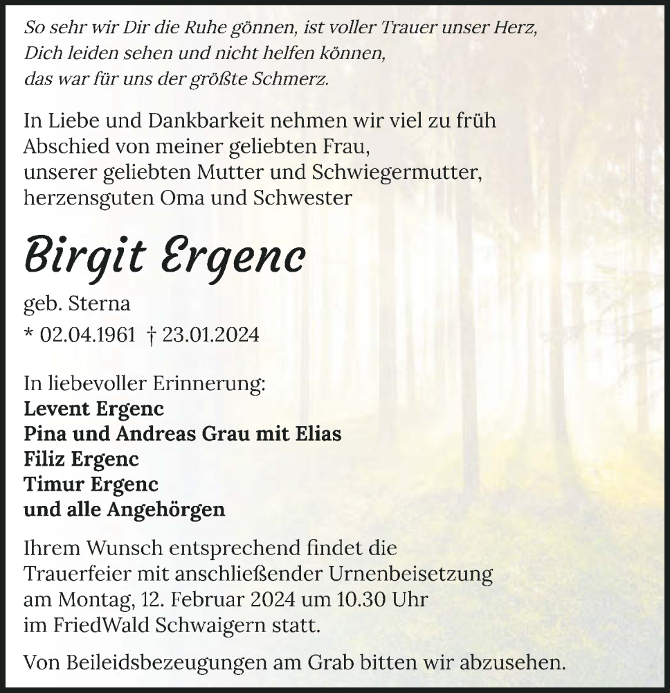  Traueranzeige für Birgit Ergenc vom 03.02.2024 aus GESAMT