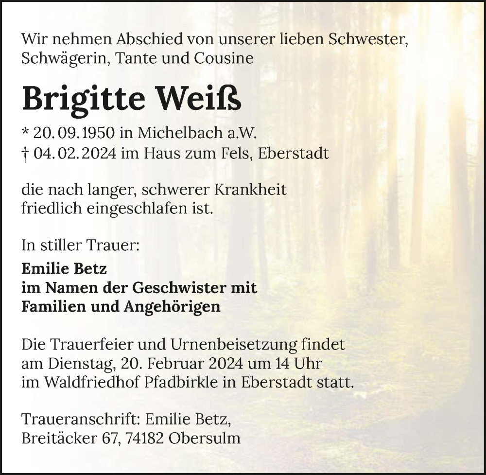  Traueranzeige für Brigitte Weiß vom 17.02.2024 aus GESAMT