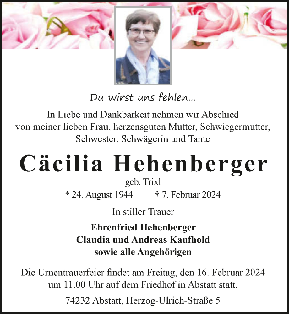  Traueranzeige für Cäcilia Hehenberger vom 10.02.2024 aus GESAMT