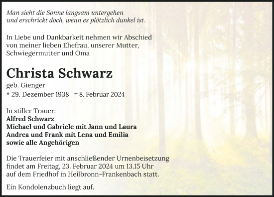 Traueranzeige von Christa Schwarz von GESAMT