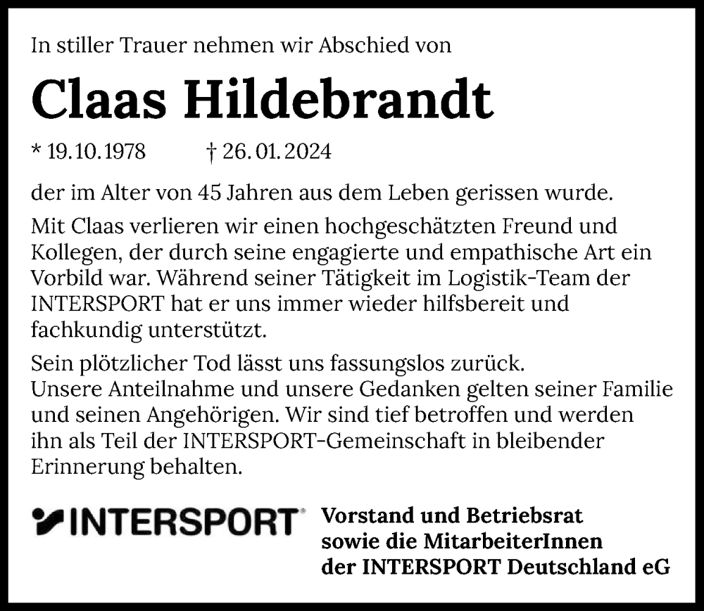  Traueranzeige für Claas Hildebrandt vom 03.02.2024 aus GESAMT