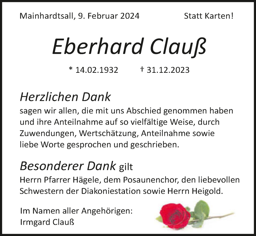  Traueranzeige für Eberhard Clauß vom 09.02.2024 aus GESAMT