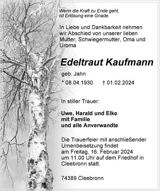 Traueranzeige von Edeltraut Kaufmann von GESAMT