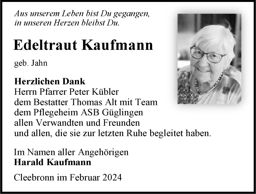  Traueranzeige für Edeltraut Kaufmann vom 24.02.2024 aus GESAMT