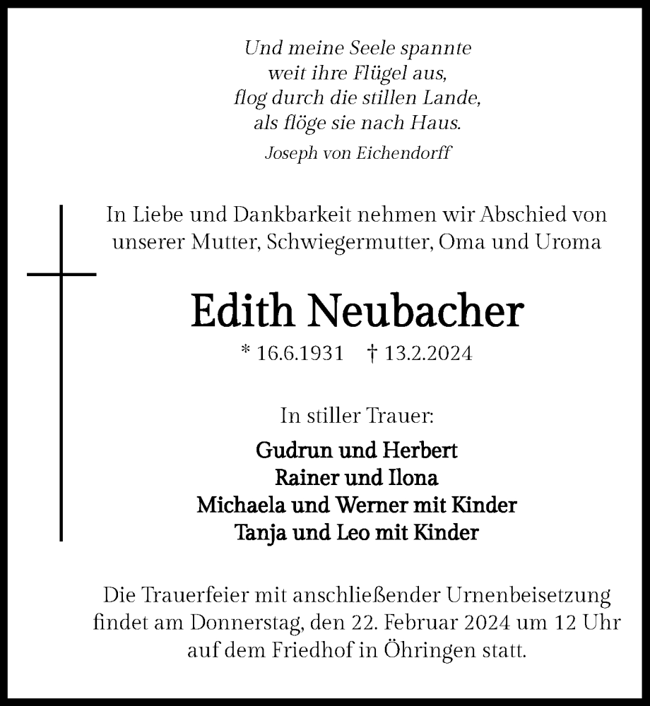  Traueranzeige für Edith Neubacher vom 17.02.2024 aus GESAMT