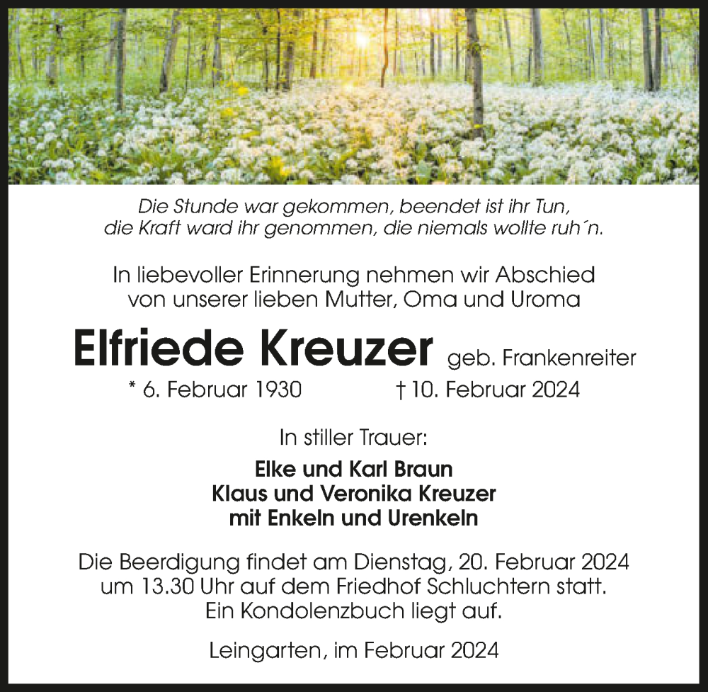  Traueranzeige für Elfriede Kreuzer vom 17.02.2024 aus GESAMT
