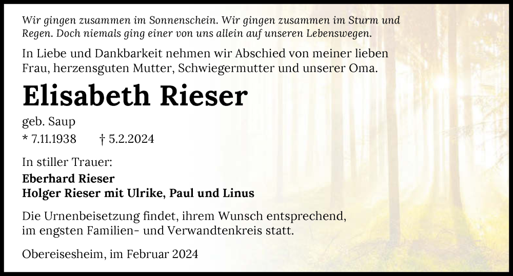  Traueranzeige für Elisabeth Rieser vom 13.02.2024 aus GESAMT