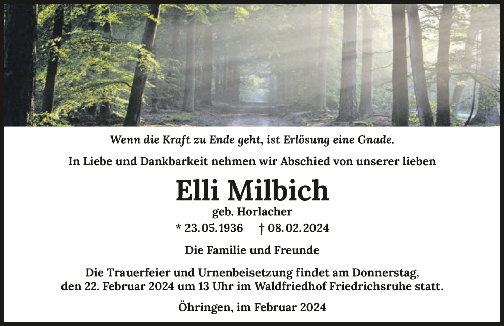  Traueranzeige für Elli Milbich vom 17.02.2024 aus GESAMT