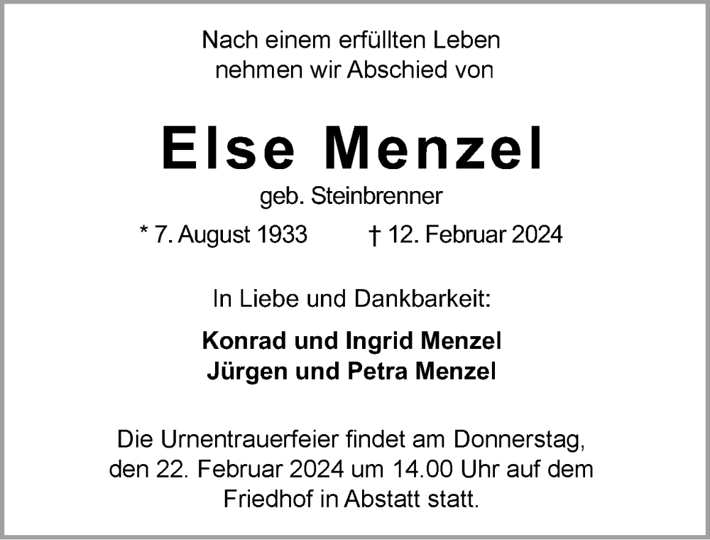  Traueranzeige für Else Menzel vom 17.02.2024 aus GESAMT