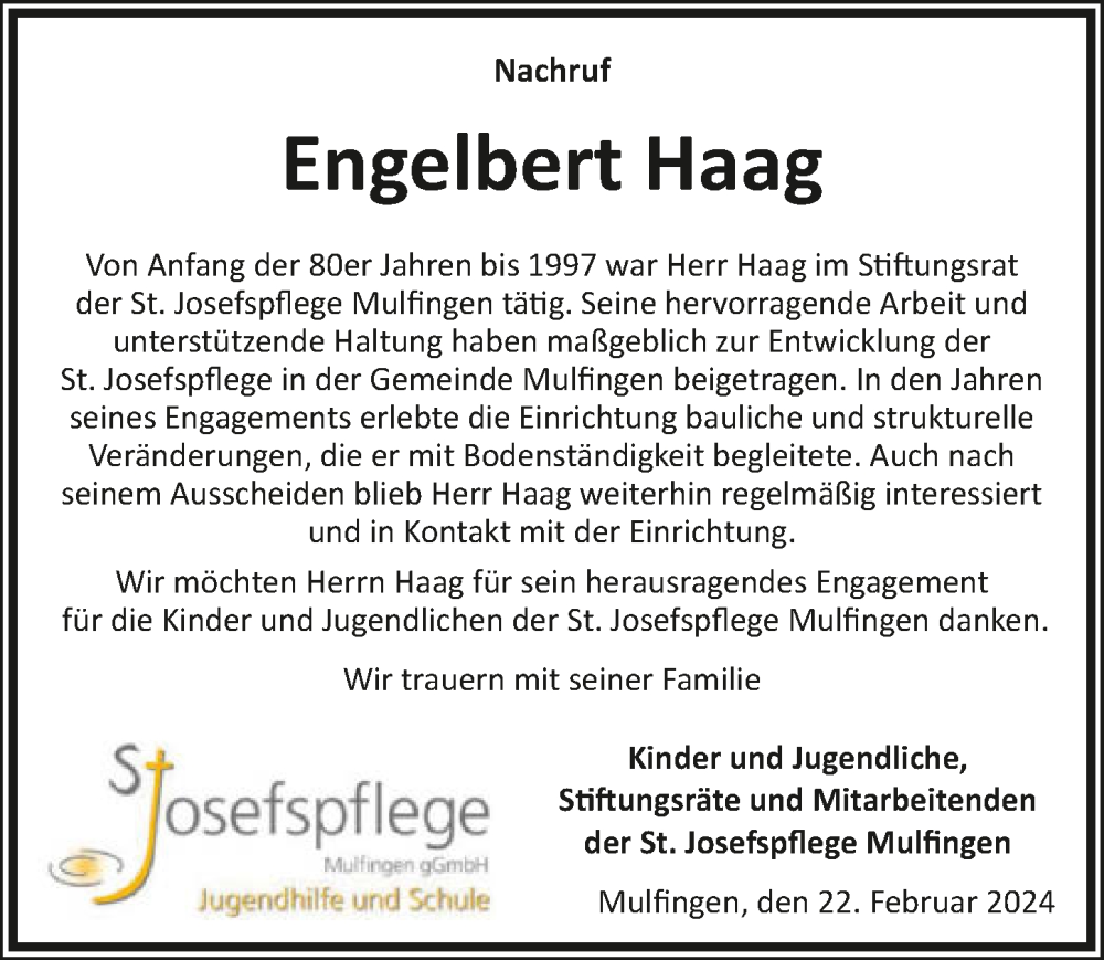  Traueranzeige für Engelbert Haag vom 24.02.2024 aus GESAMT