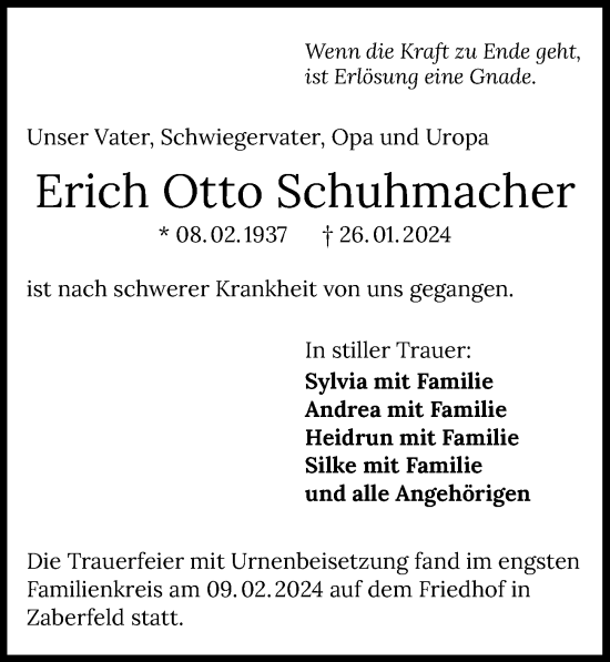 Traueranzeige von Erich Otto Schuhmacher von GESAMT
