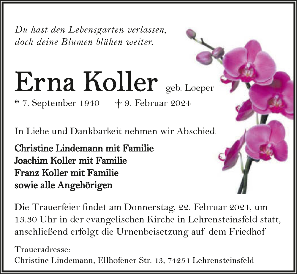  Traueranzeige für Erna Koller vom 17.02.2024 aus GESAMT