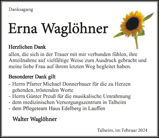 Traueranzeige von Erna Waglöhner von GESAMT