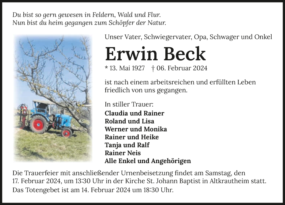  Traueranzeige für Erwin Beck vom 10.02.2024 aus GESAMT