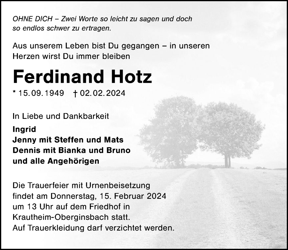  Traueranzeige für Ferdinand Hotz vom 10.02.2024 aus GESAMT