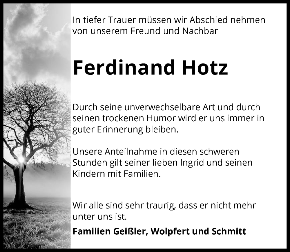  Traueranzeige für Ferdinand Hotz vom 10.02.2024 aus GESAMT