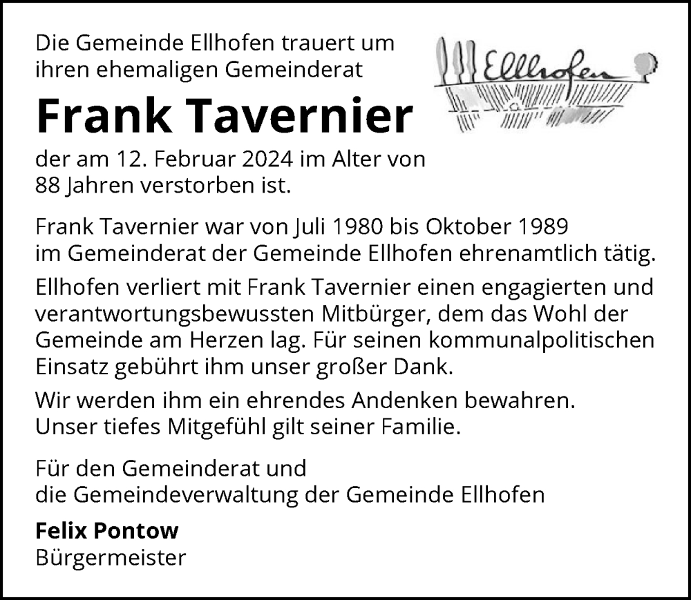  Traueranzeige für Frank Tavernier vom 17.02.2024 aus GESAMT