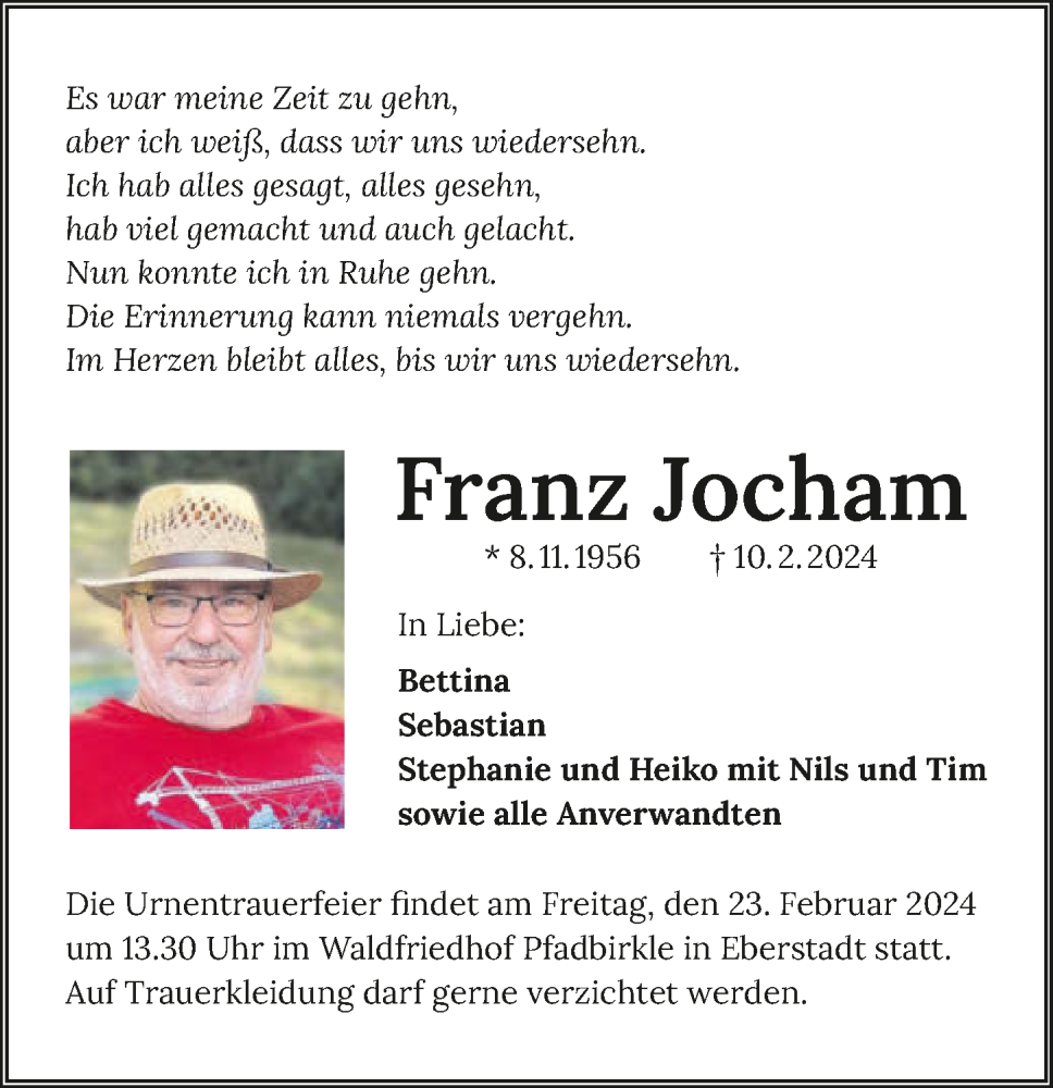  Traueranzeige für Franz Jocham vom 17.02.2024 aus GESAMT