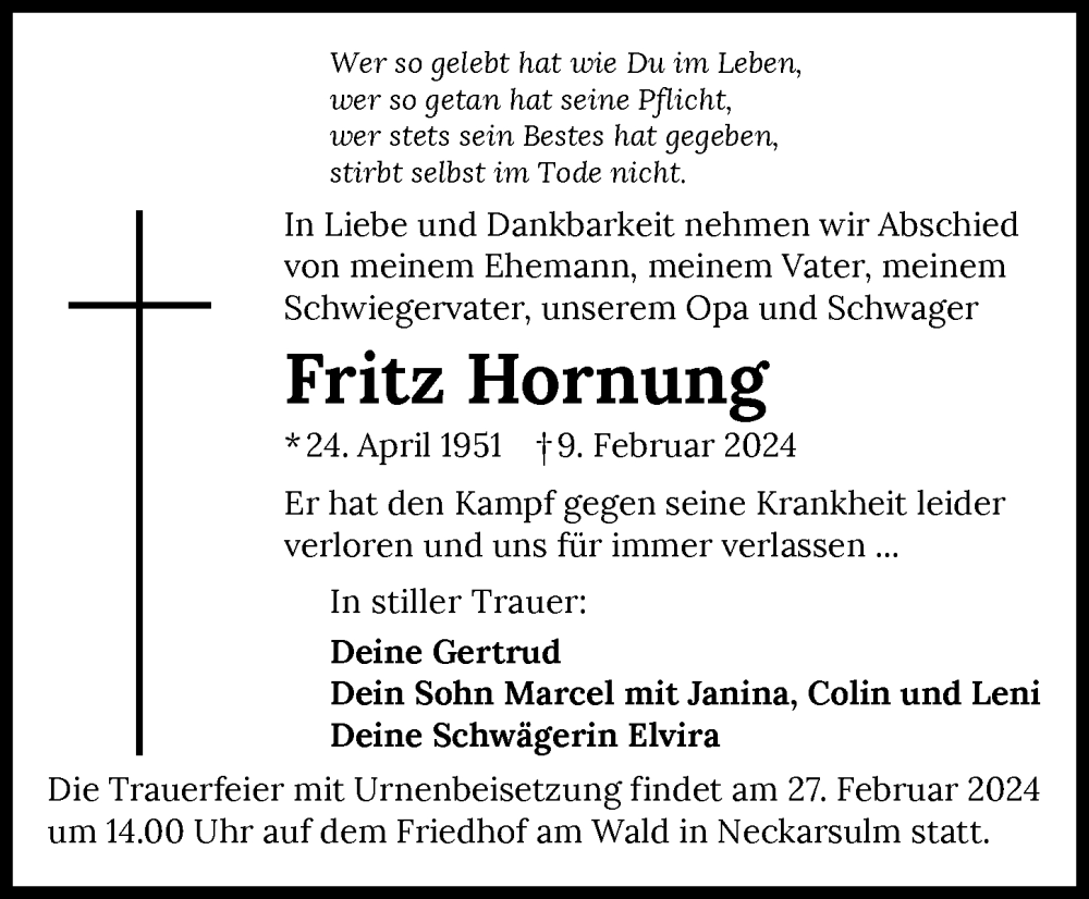  Traueranzeige für Fritz Hornung vom 21.02.2024 aus GESAMT