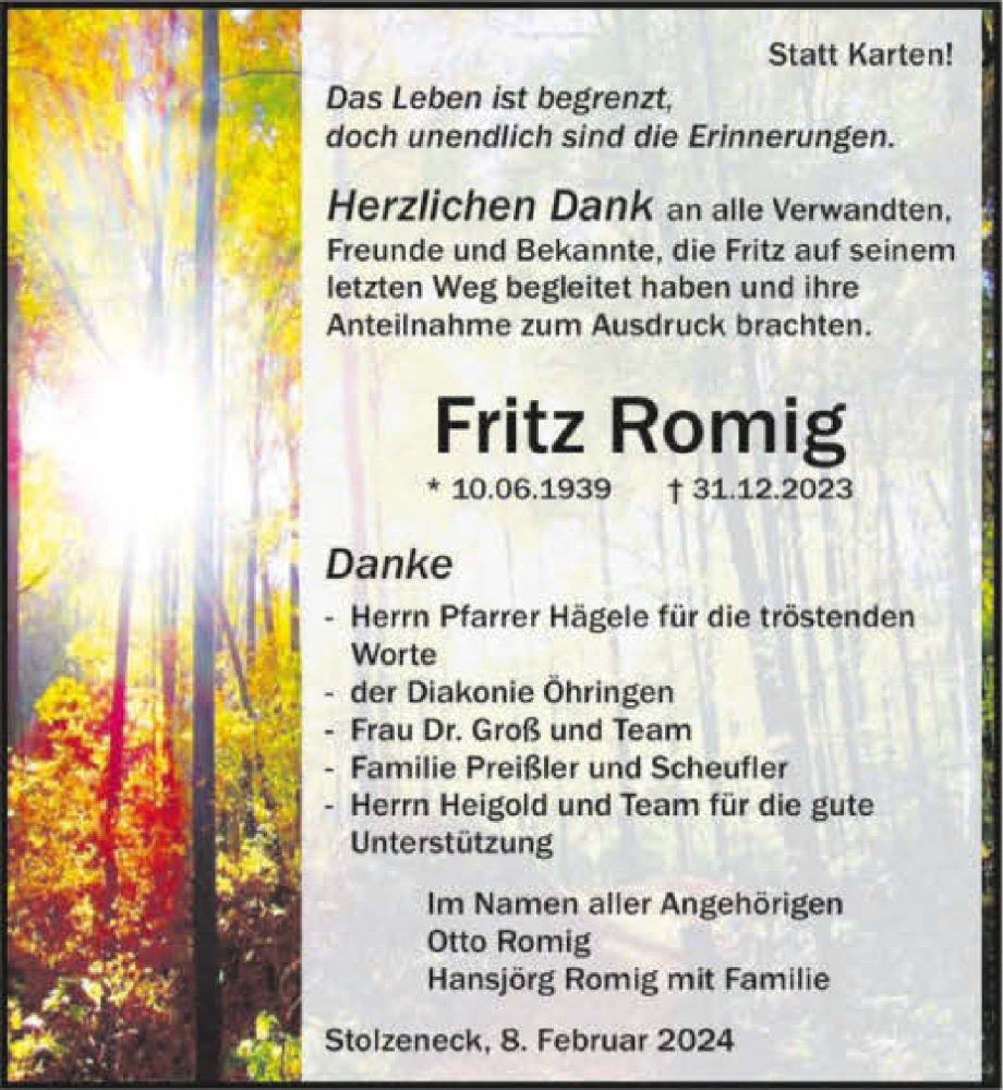  Traueranzeige für Fritz Romig vom 08.02.2024 aus GESAMT