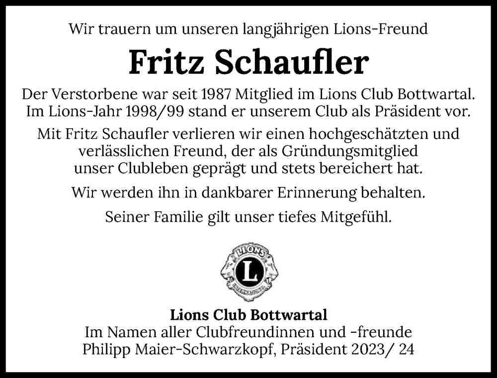  Traueranzeige für Fritz Schaufler vom 17.02.2024 aus GESAMT