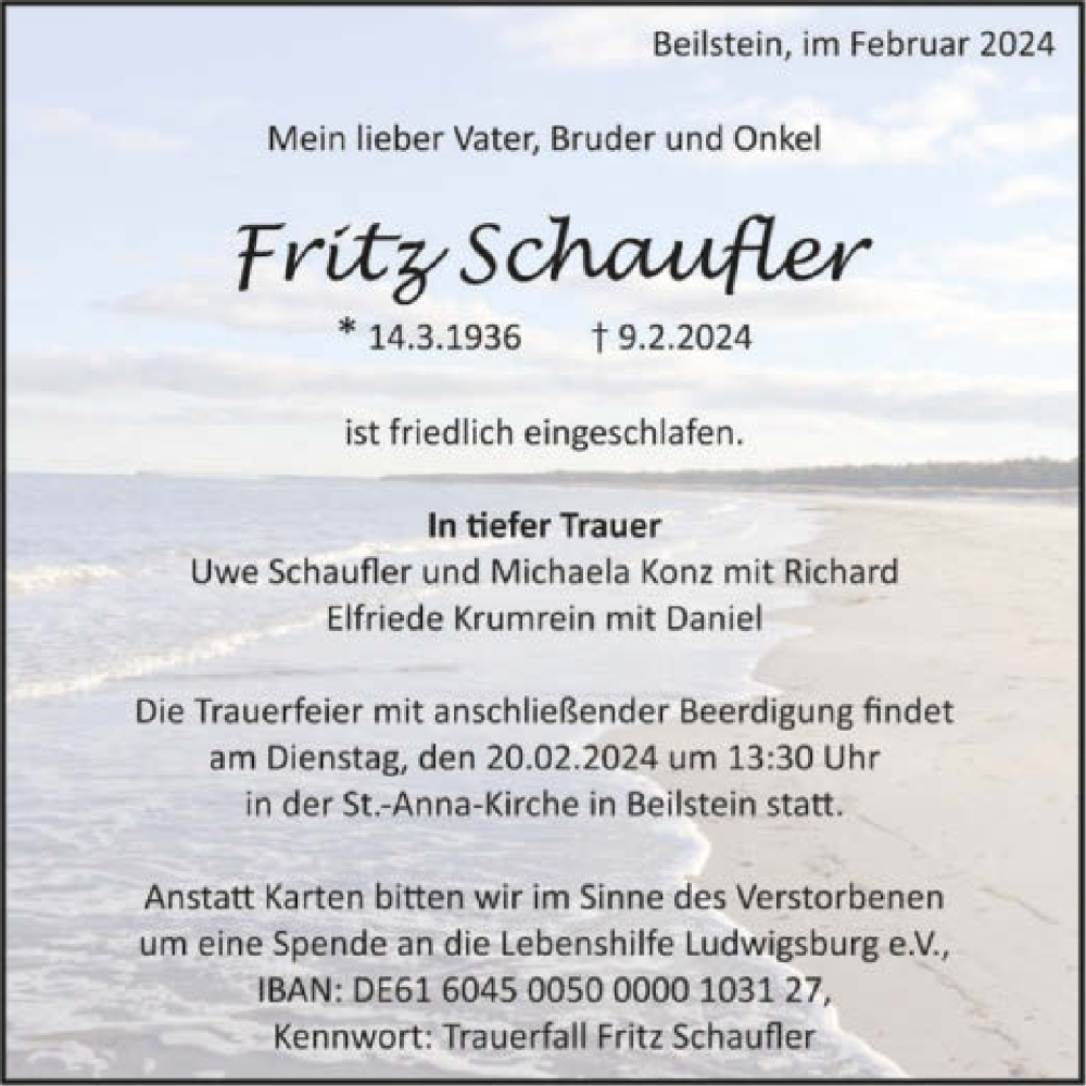  Traueranzeige für Fritz Schaufler vom 17.02.2024 aus GESAMT