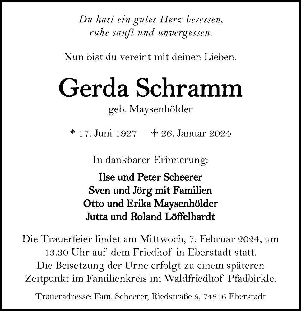  Traueranzeige für Gerda Schramm vom 03.02.2024 aus GESAMT