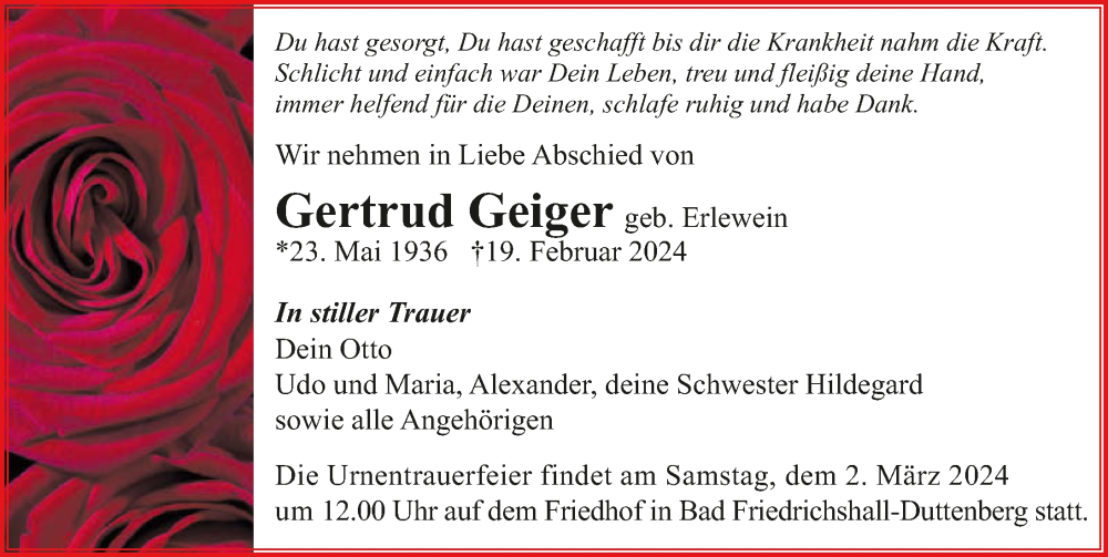  Traueranzeige für Gertrud Geiger vom 24.02.2024 aus GESAMT