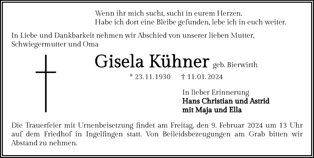  Traueranzeige für Gisela Kühner vom 06.02.2024 aus GESAMT