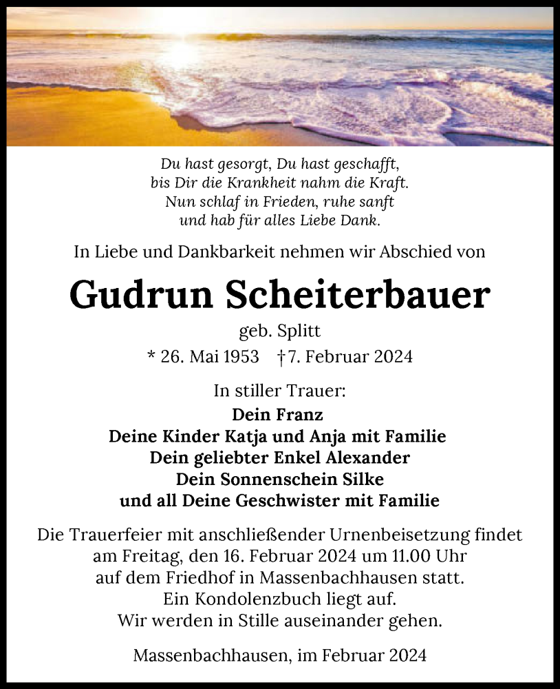  Traueranzeige für Gudrun Scheiterbauer vom 09.02.2024 aus GESAMT
