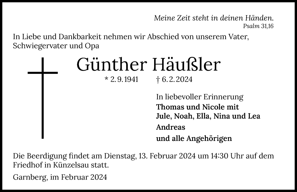 Traueranzeige für Günther Häußler vom 10.02.2024 aus GESAMT