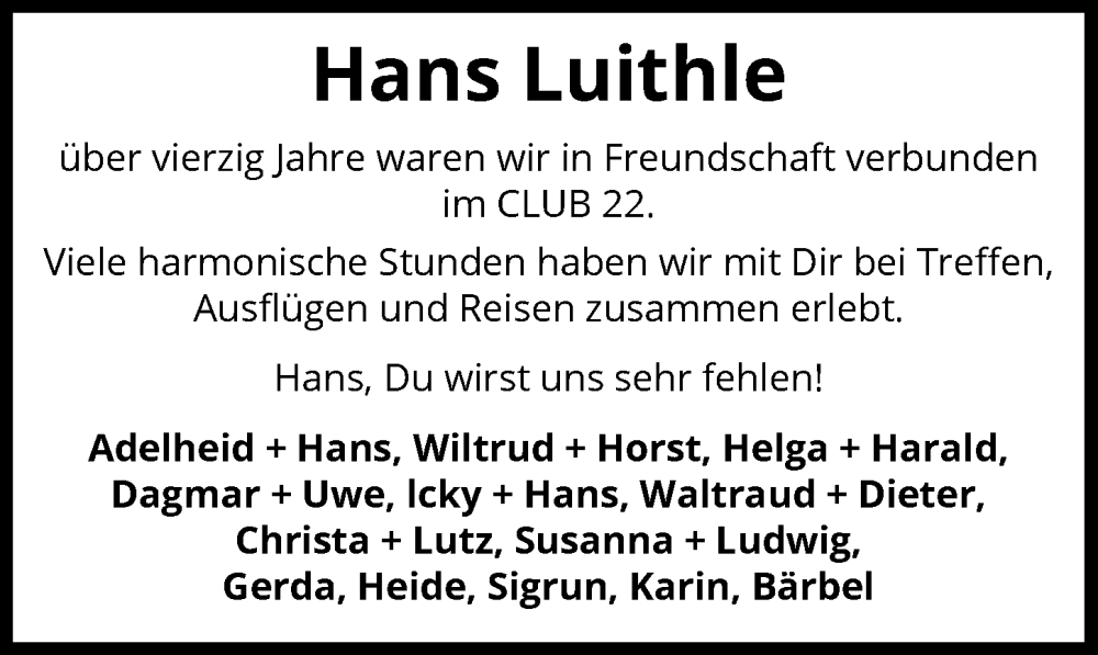  Traueranzeige für Hans Luithle vom 14.02.2024 aus GESAMT