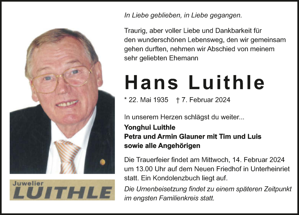 Traueranzeige für Hans Luithle vom 10.02.2024 aus GESAMT